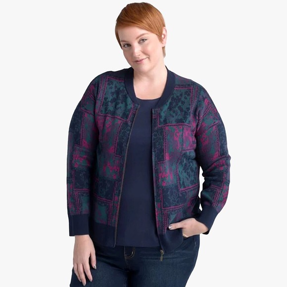 CJ Banks Sweaters - CJ Banks Floral Patchwork Knit Sweater Zip Front Teal Purple‎ Retro Cottagecore